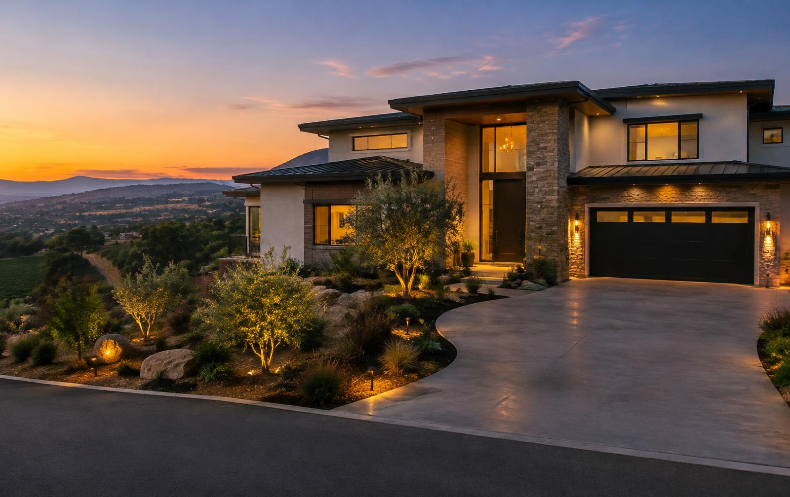 Illustrative modern hillside home at dusk