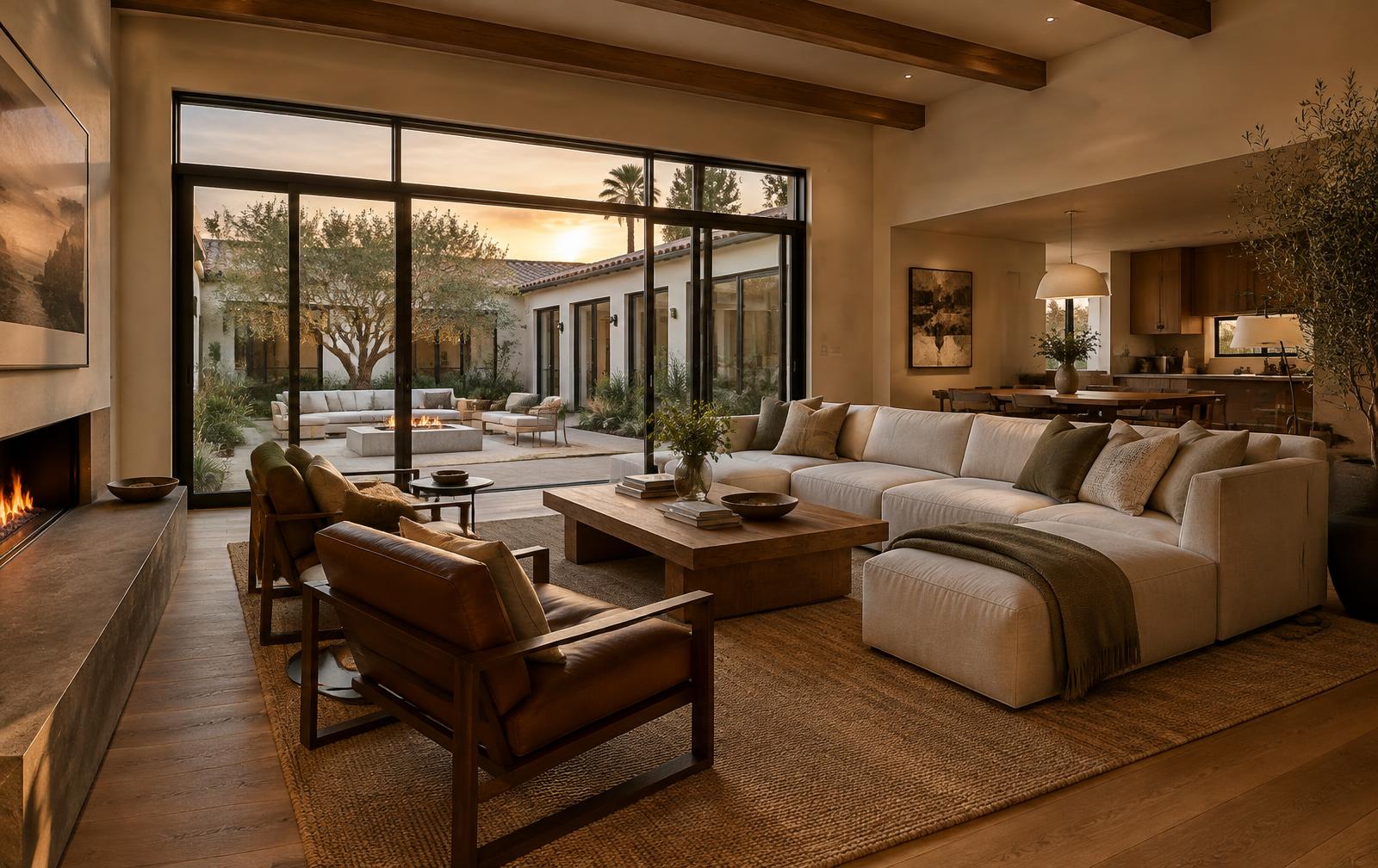 Illustrative modern living room opening to a courtyard