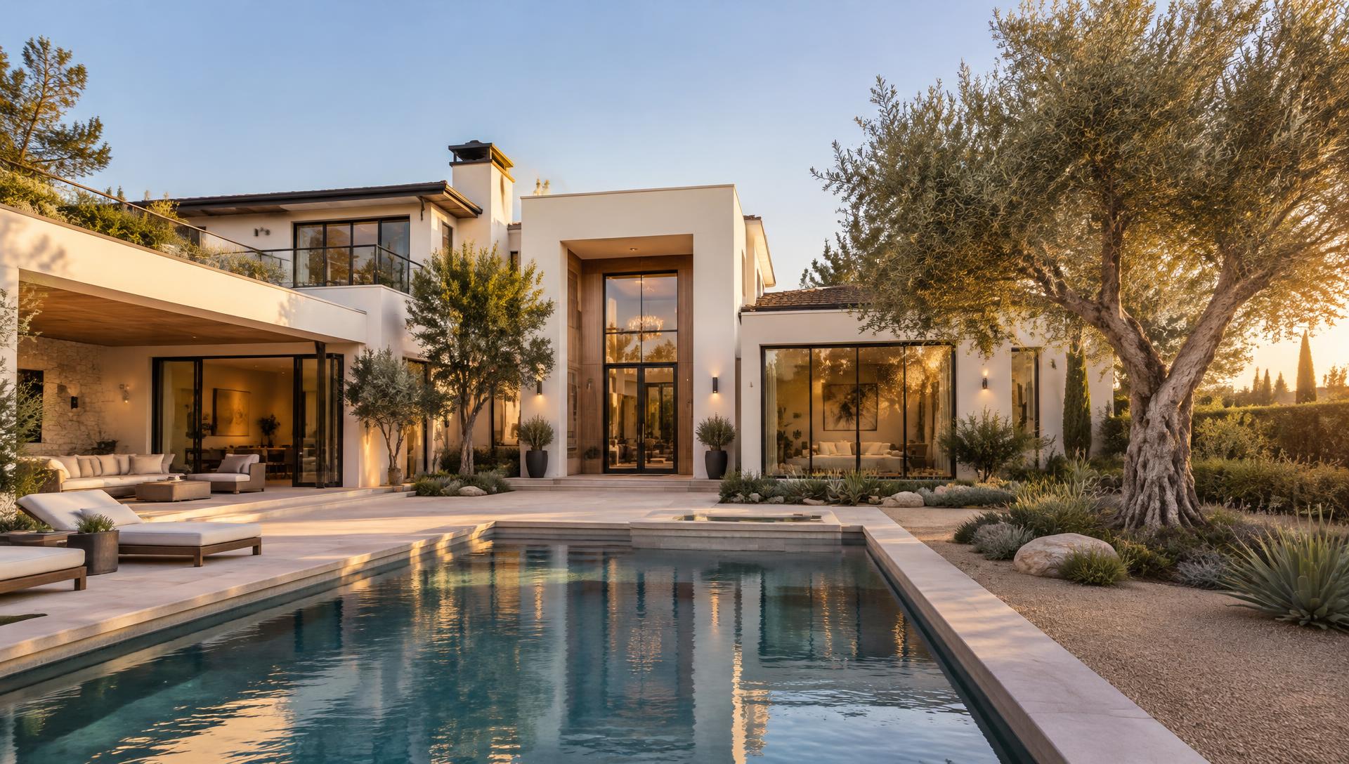 Illustrative Southern California home with a sunlit courtyard and pool